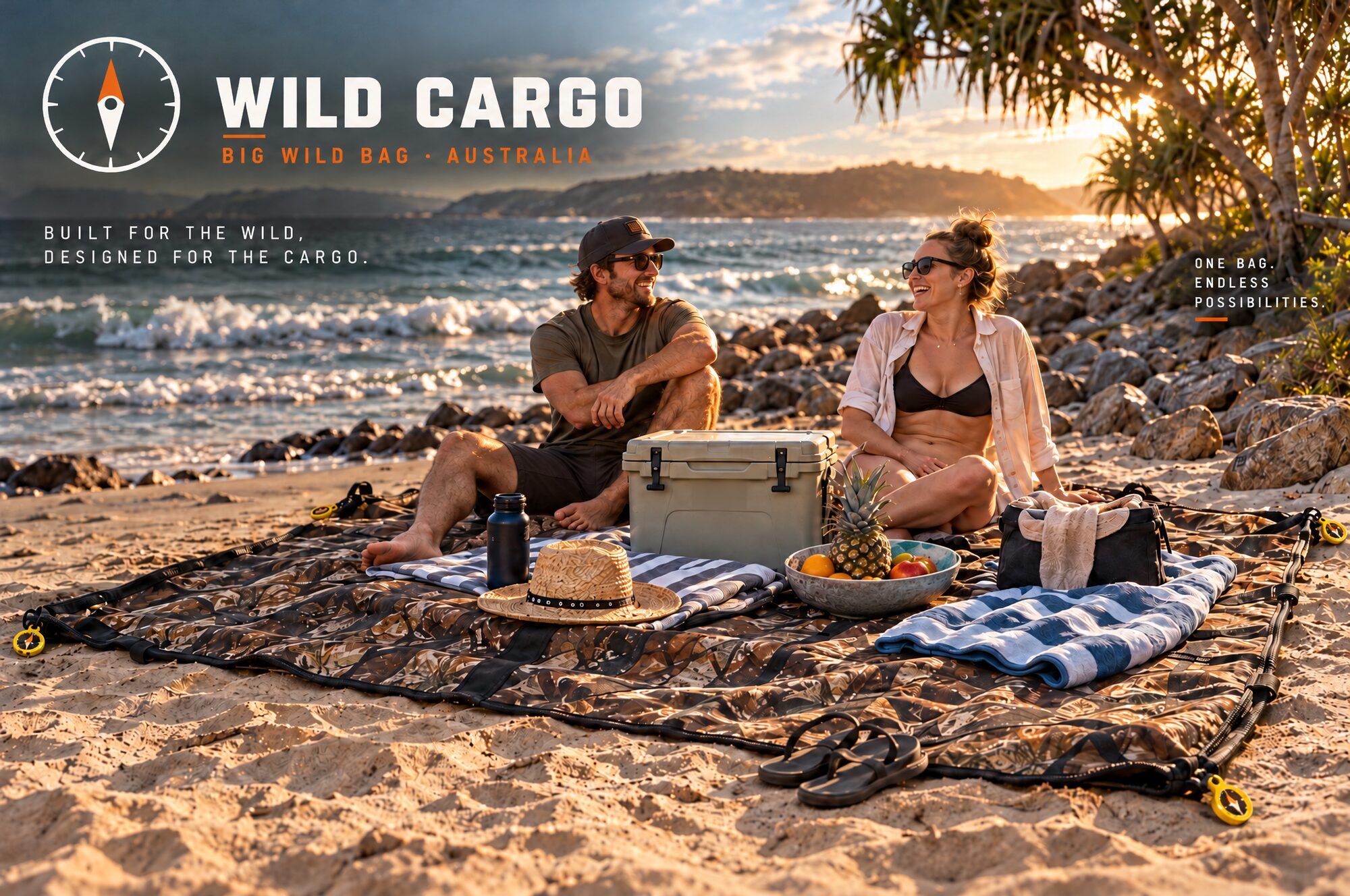 A couple laughing on a Queensland beach at sunset, sitting on the Big Wild Bag opened flat as a giant ground mat