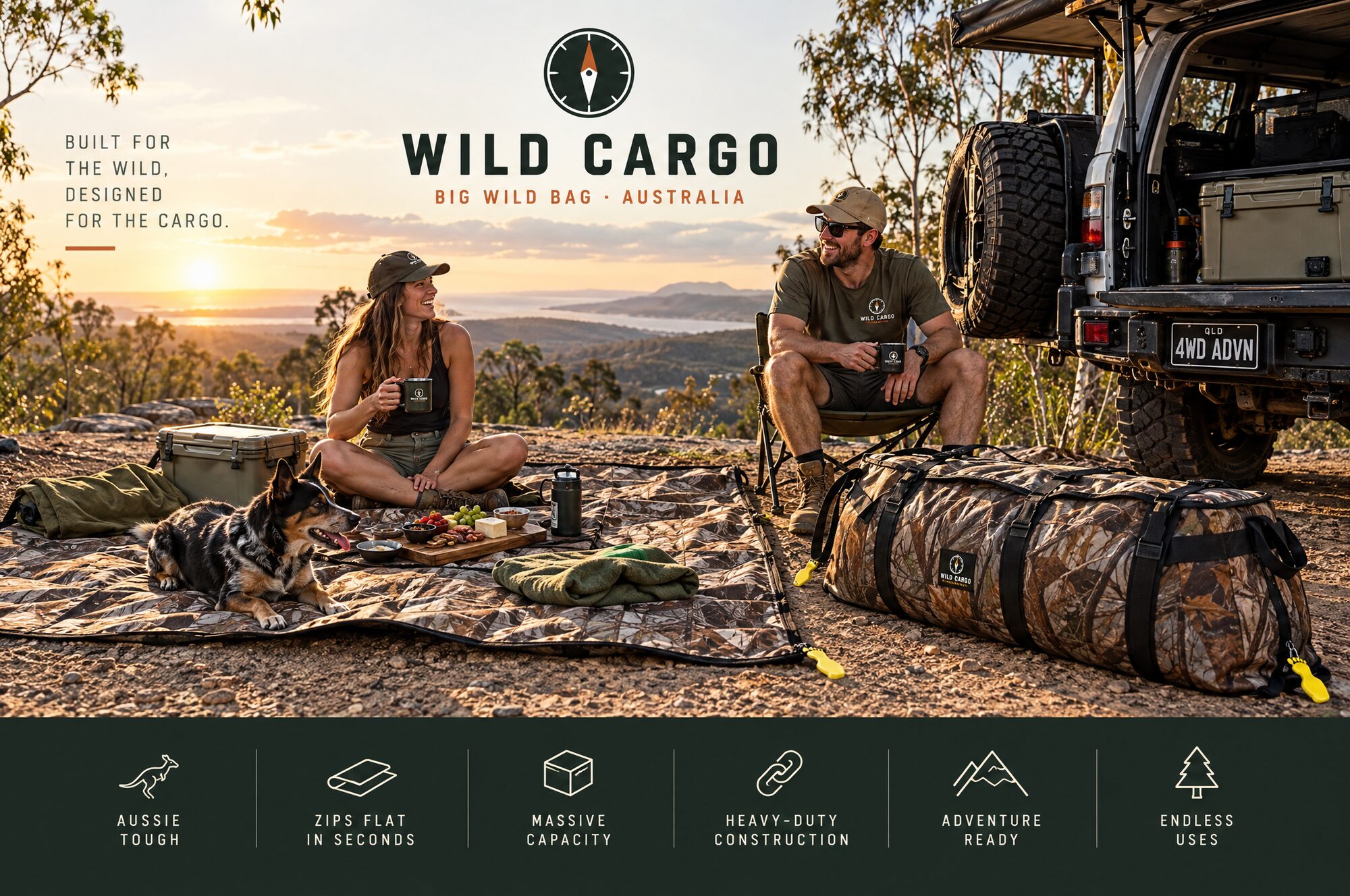 A couple and their dog at a sunset lookout, sitting on the Big Wild Bag opened flat as a ground mat, with a second bag zipped shut beside their 4WD