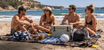 Four friends on a beach sitting on the Big Wild Bag opened flat as a ground mat