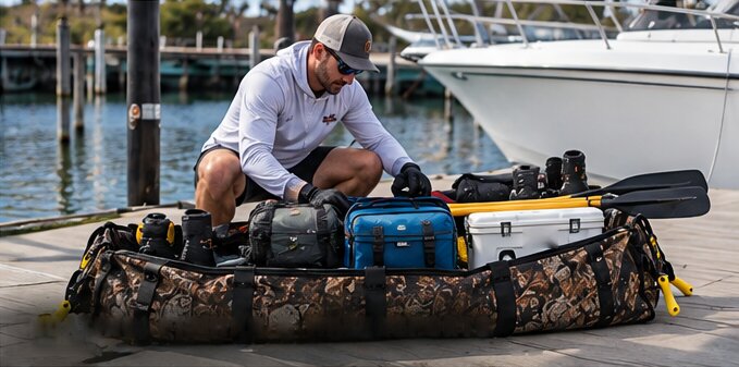 A man packing an esky, life jackets and paddles into the Big Wild Bag on a marina jetty