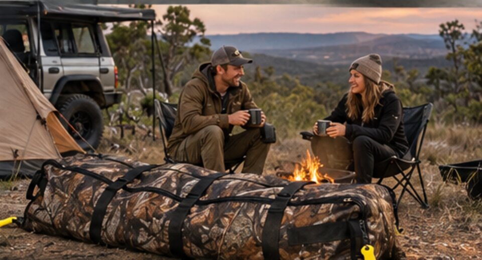 Two campers by a fire with the zipped Big Wild Bag beside a 4WD