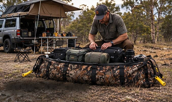 A camper packing swags and gear bags into the Big Wild Bag beside a 4WD with a rooftop tent