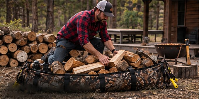 A man stacking split firewood into the open Big Wild Bag beside a woodpile