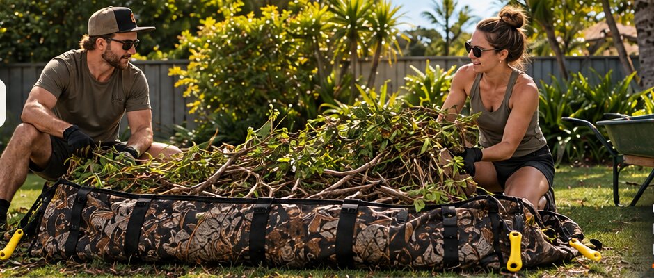 Two people piling branches and prunings onto the Big Wild Bag in a backyard