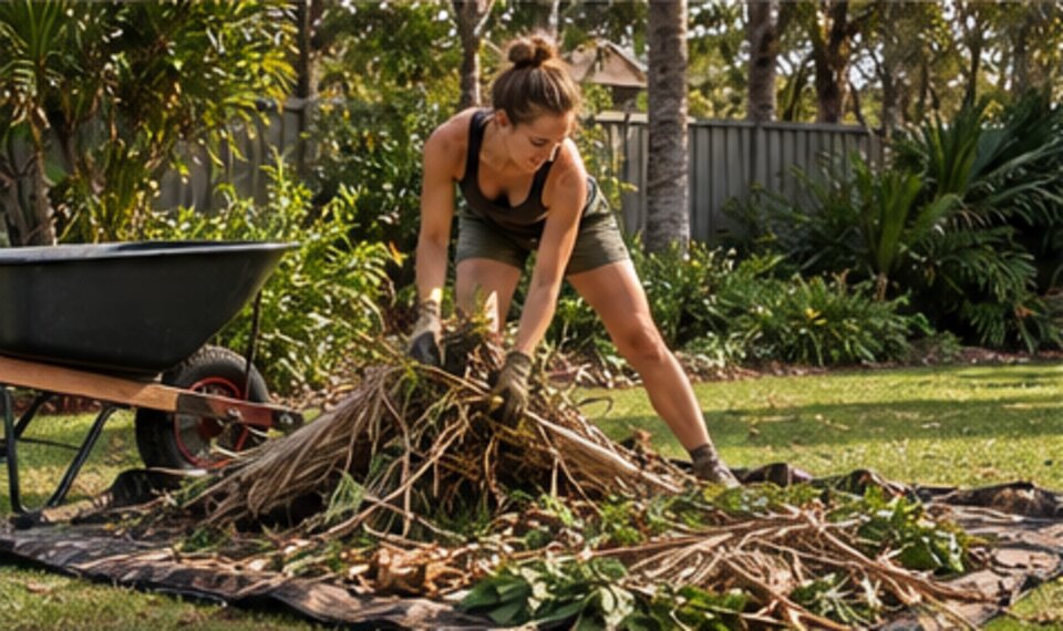 A woman piling palm fronds onto the Big Wild Bag laid flat on the lawn
