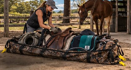 A woman packing a saddle and horse rugs into the Big Wild Bag at a stable