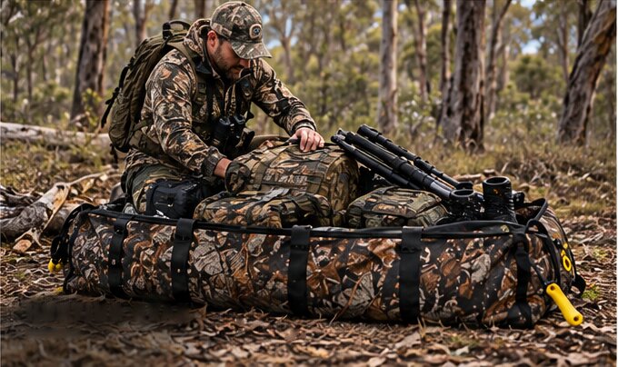 A hunter packing backpacks and camp gear into the Big Wild Bag in the bush