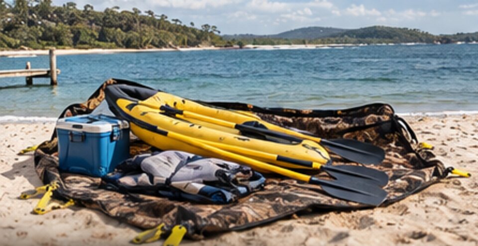 An inflatable kayak and paddles on the Big Wild Bag laid flat on a beach