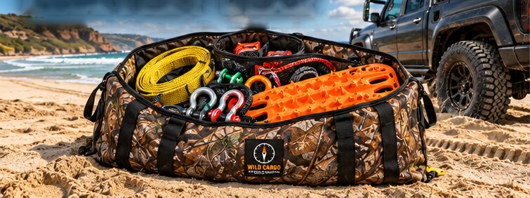 Recovery tracks, snatch straps and shackles in the open Big Wild Bag on a beach beside a 4WD