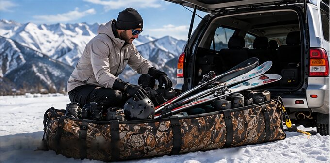 A skier loading skis, boots and helmets into the Big Wild Bag at the back of a car in the snow