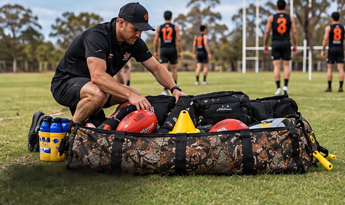 A coach packing footballs, cones and kit bags into the Big Wild Bag at footy training