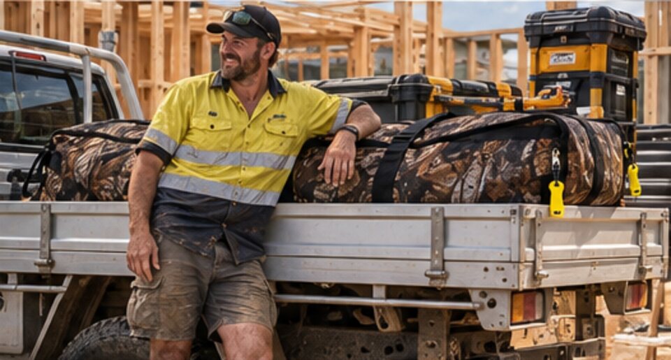 A tradie leaning on a ute tray beside the zipped Big Wild Bag
