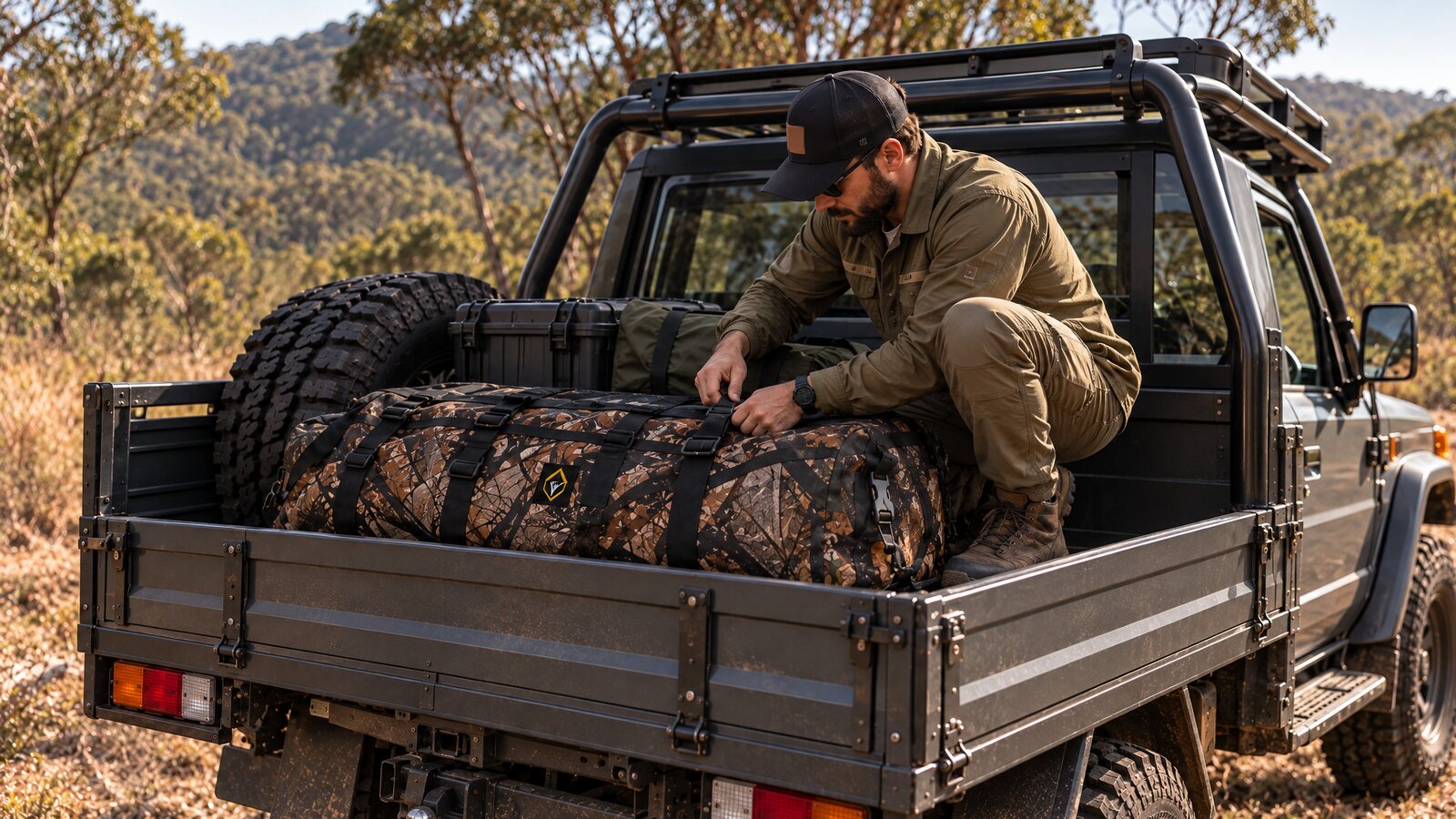 A man strapping the zipped Big Wild Bag down in the tray of a 4WD ute in the bush